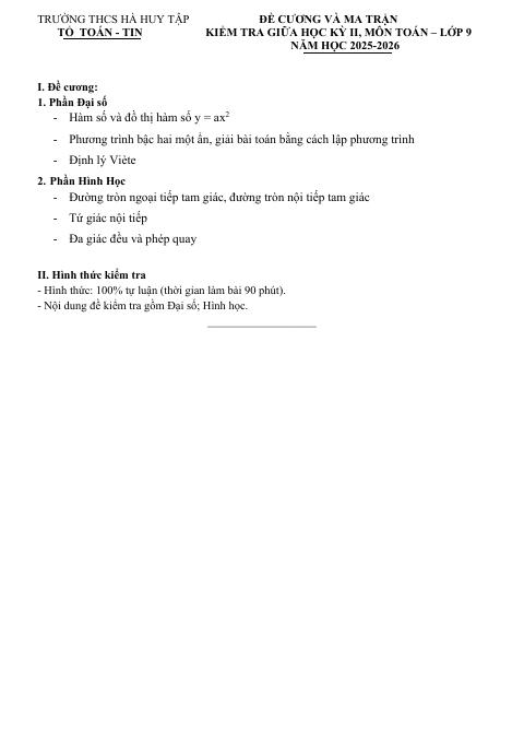 Đề thi Giữa kì 2 Toán 9 năm 2025-2026 trường THCS Hà Huy Tập (TP Hồ Chí Minh)